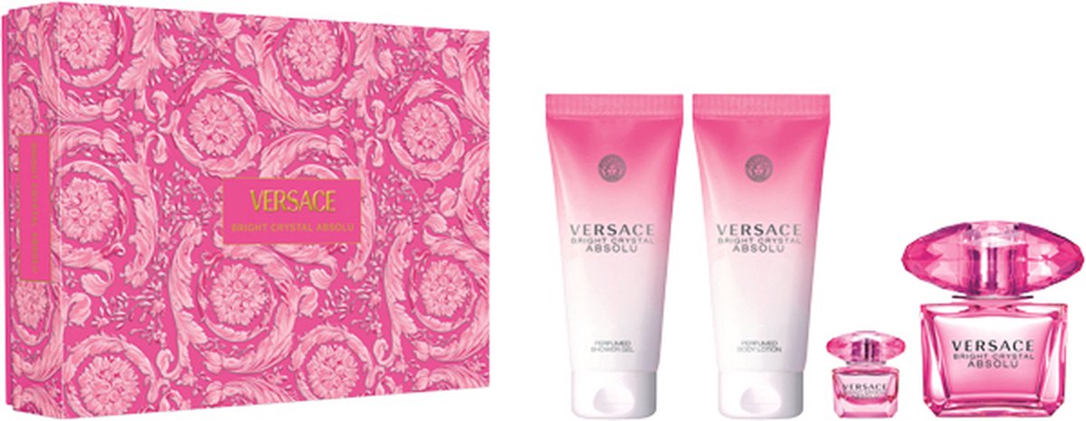 Goedkoopste Versace Bright Crystal Absolu Giftset - 90 ml eau de parfum spray 5 ml eau de parfum tasspray 100 ml showergel 100 ml bodylotion - cadeauset voor dames