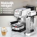 Zilverkleurige COOK espressomachine met uitneembare onderdelen, makkelijk schoon te maken.