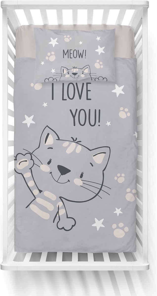 Mayamoo ledikant dekbedovertrek Meow! I love you - grijs - katoen - 90x120 + 40x60 cm