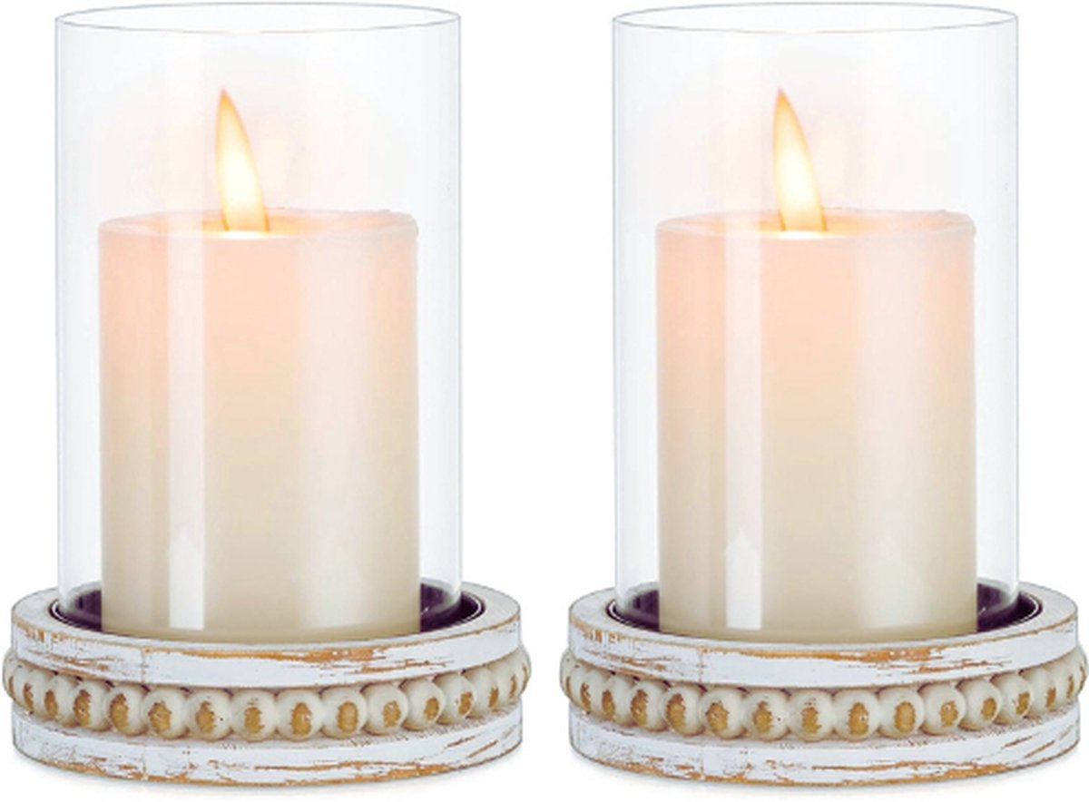 Houten Pilaar Kaarshouder - Heldere Orkaan Kaarshouder Set Van 2 - Rustieke Kerst Kaarshouders Voor Woonkamer - Glazen Cilinder Kaarshouder Met Kralen Kaarsenplateau Voor Home Decor