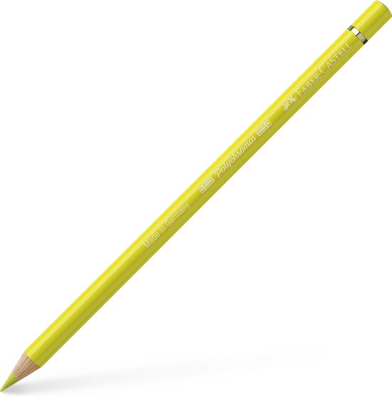 Een geel Faber-Castell Polychromos kleurpotlood, nummer 205 cadmium citroengeel, met zilveren accenten.