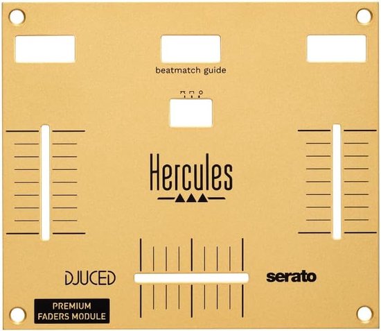 Gouden fader module met 'Hercules', 'DJUCED' en 'Serato' logo's. Bevat 2 channel faders en een crossfader.