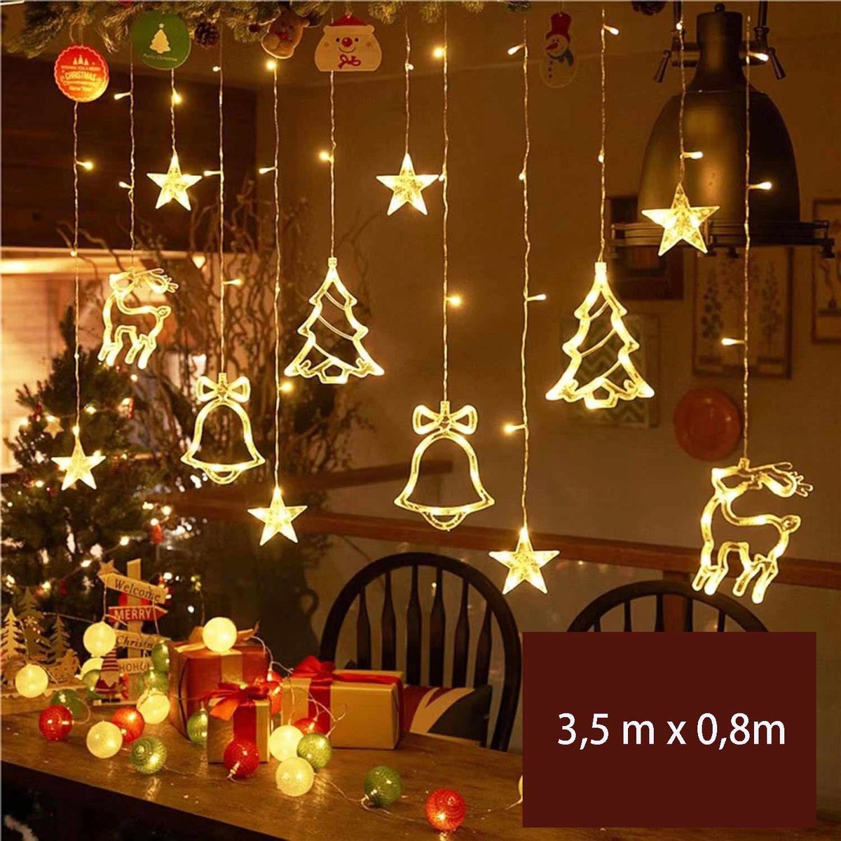 Meedeer Kerst Raamverlichting-3,5 m x 0,8m-LED String-binnen-hangende lichtjes Kerstbomen Elanden Klokken-Met stekker-woningdecoratie-voor Indoor Party Bruiloft Slaapkamer (Warm Wit)