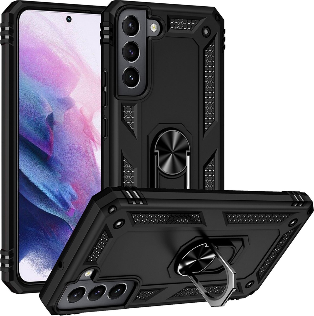 MobyDefend Hoesje - Geschikt voor Samsung Galaxy S22 - Pantsercase Met Draaibare Ring - Zwart