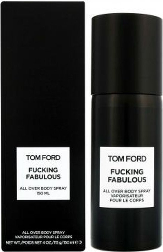 Zwarte flacon met witte opdruk: TOM FORD FUCKING FABULOUS ALL OVER BODY SPRAY 150 ML.
