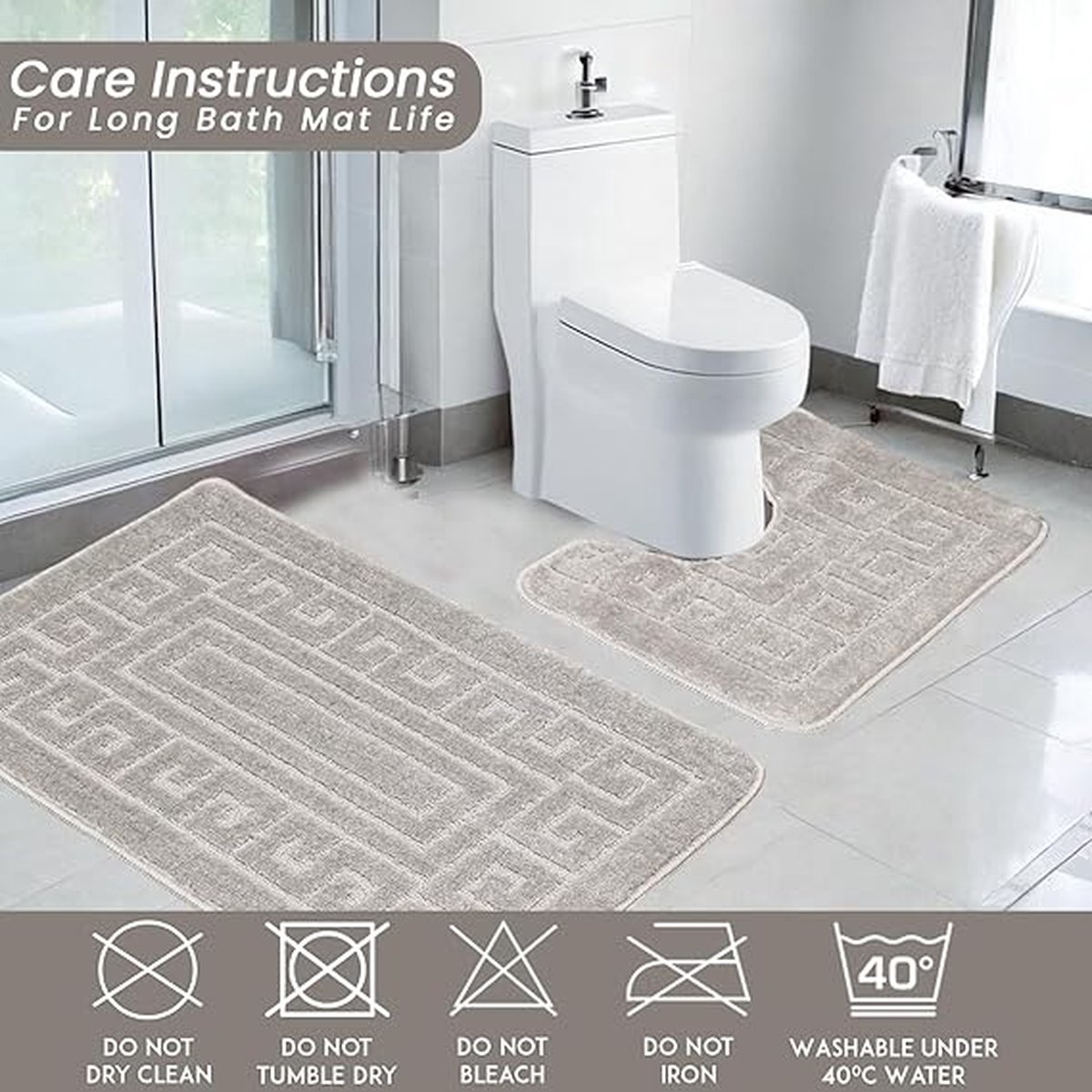 Karma - Antislip badmat in Griekse stijl - Set van 2 badmatten - Inclusief 1 badmat (50 × 80 cm) en 1 toiletmat (50 × 40 cm) - grijs