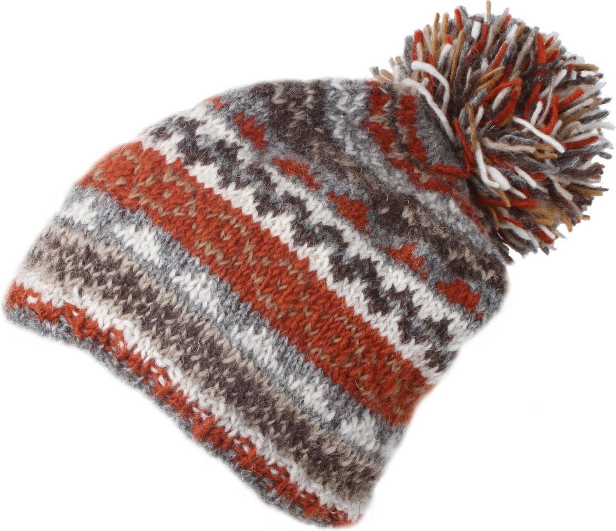 Pachamama - wollen muts - ingebreide patronen - met pompon - Grey - Fair trade - Finisterre