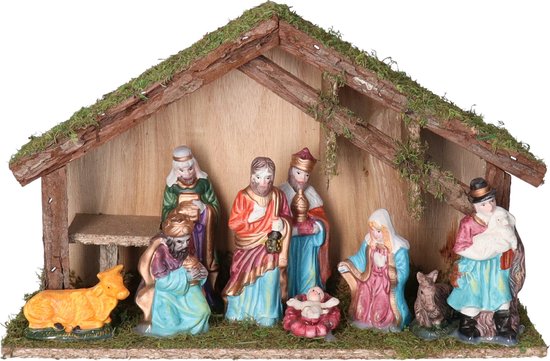 Complete kerststal - met 9 beelden - L35 x B12 x H22 cm - kerststalletjes met kerstbeelden