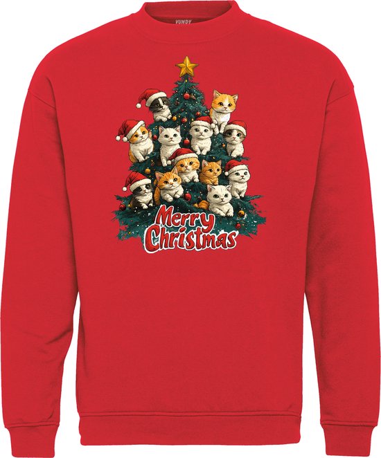 Kersttrui Kerstboom Kat Poes | Foute Kersttrui Dames Heren | Kerstcadeau | Kerstpakket | Rood | maat M
