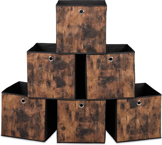 Panier de rangement Relaxdays - lot de 6 - 30x30x30 cm - pliable - aspect bois - marron noir