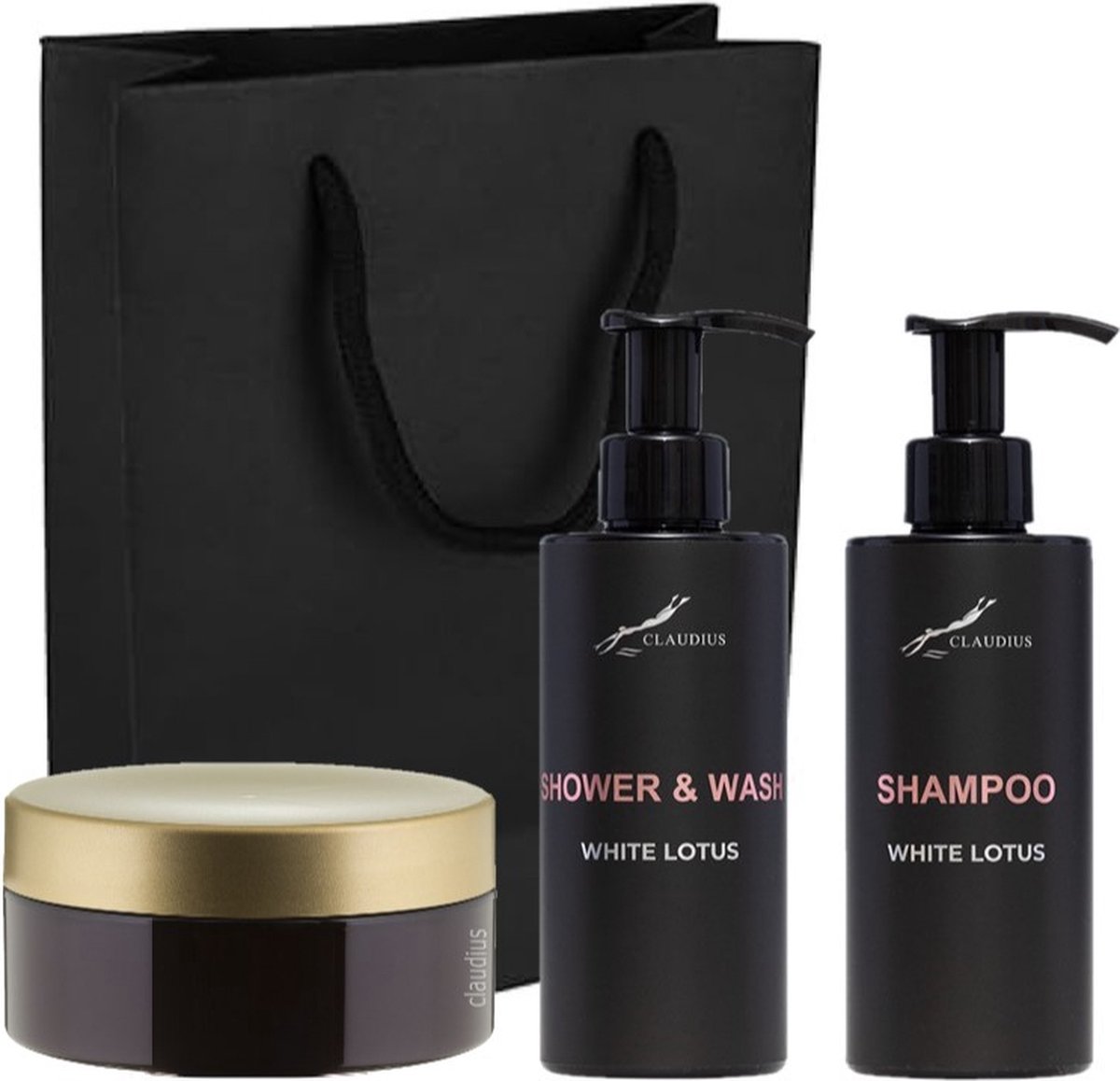 Goedkoopste Douchepakket White Lotus - Shower & Wash Shampoo Scrubzout 300 gram - 300 ml per fles - set van 3 stuks - met luxe gift tas - kerst cadeau - giftset voor hem en haar