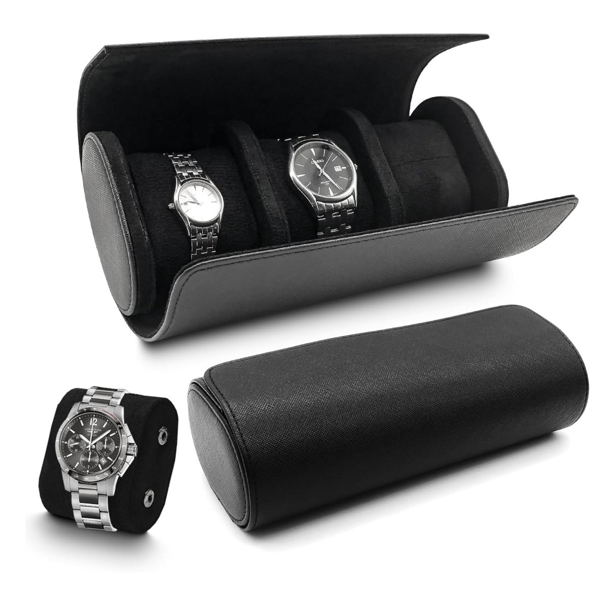 Reisetui voor heren met 3 vakken, PU-leer, met afneembaar kussen, organizer voor horloges en sieraden, cadeau voor mannen voor Vaderdag, Kerstmis, zwart