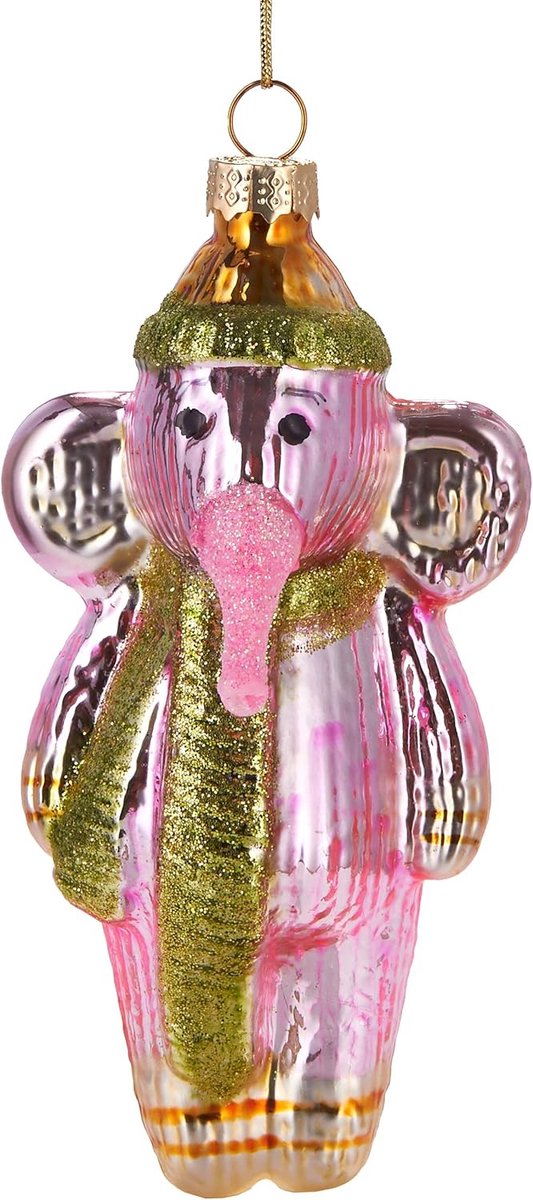 BRUBAKER Roze Olifant met Muts en Sjaal - Handbeschilderde Kerstbal van Glas - Handgeblazen Kerstboomversieringen Figuren Grappige Decoratieve Hangers Kersthanger
