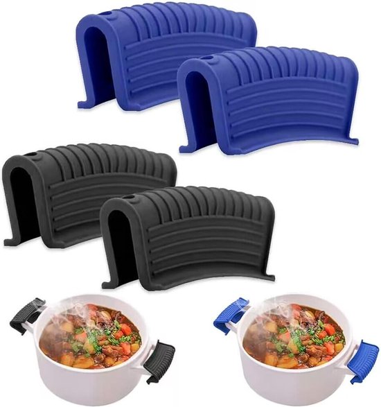 Lot de 2 paires de protège-poignées en silicone (noir et bleu), pour poêles en fonte, poêles à frire, marmites, protège-poignées, protège-poignées antidérapants, poêles à frire, rôtissoires, plats de cuisson, ustensiles de cuisine