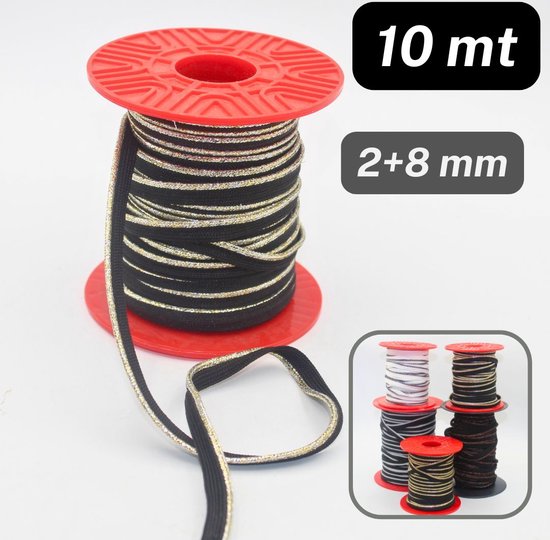 Zwart elastiek met lurex rand, 10 meter, 2+8 mm breed.