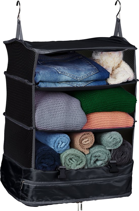Organisateur de valise Relaxdays - suspendu - 55x44x30 cm - 4 compartiments - pliable - noir