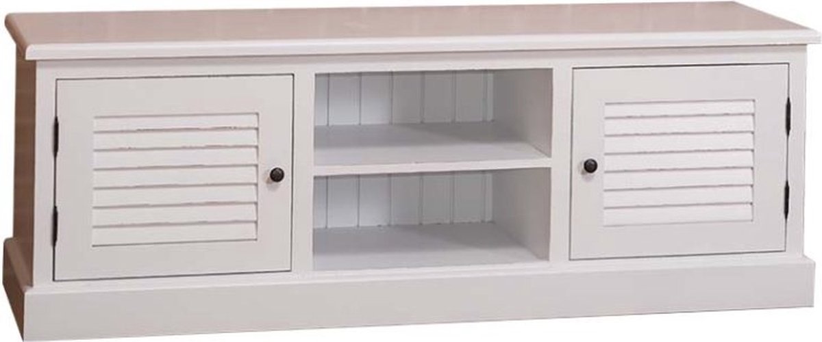 Landelijk houten TV-meubel met louvre deuren en open vak - wit - 208 cm