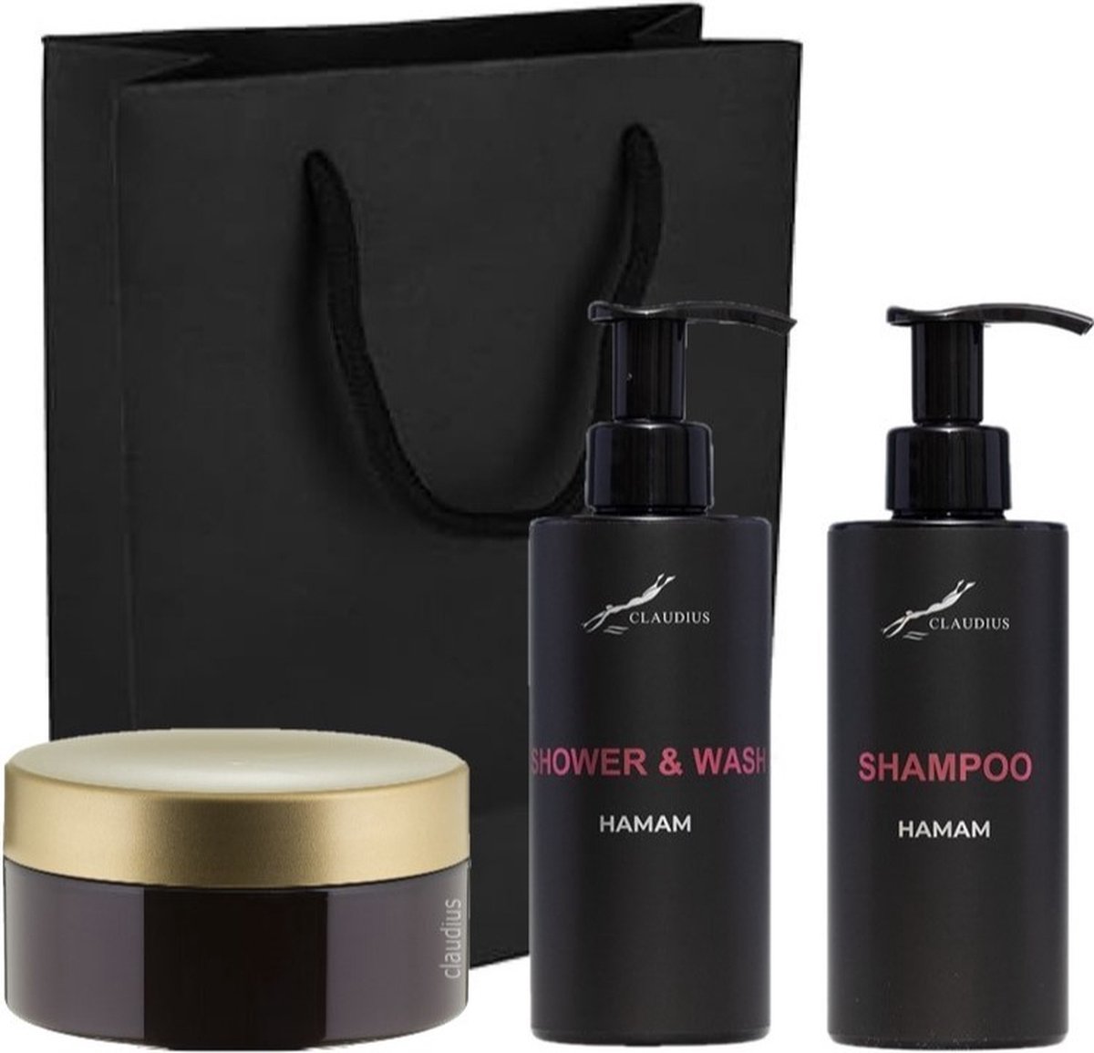 Goedkoopste Douchepakket Hamam - Shower & Wash Shampoo Scrubzout 300 gram - 300 ml per fles - set van 3 stuks - met luxe gift tas - kerst cadeau - giftset voor hem en haar