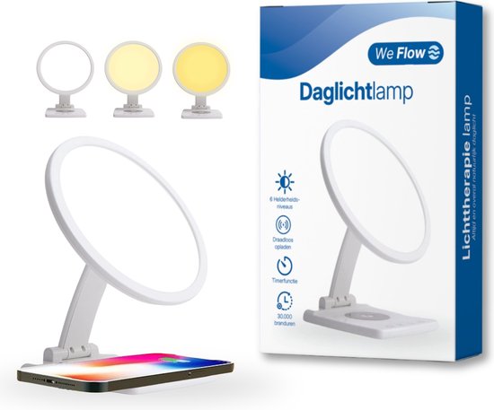 We Flow Daglicht lamp met draadloze oplader - 5 helderheidsniveaus, 3 lichten & Timer functie - Lichttherapielamp - Zonlicht lamp - 10.000 LUX - Daglichtlamp - Energielamp - UV-Vrij - Levensduur van 30.000 uur