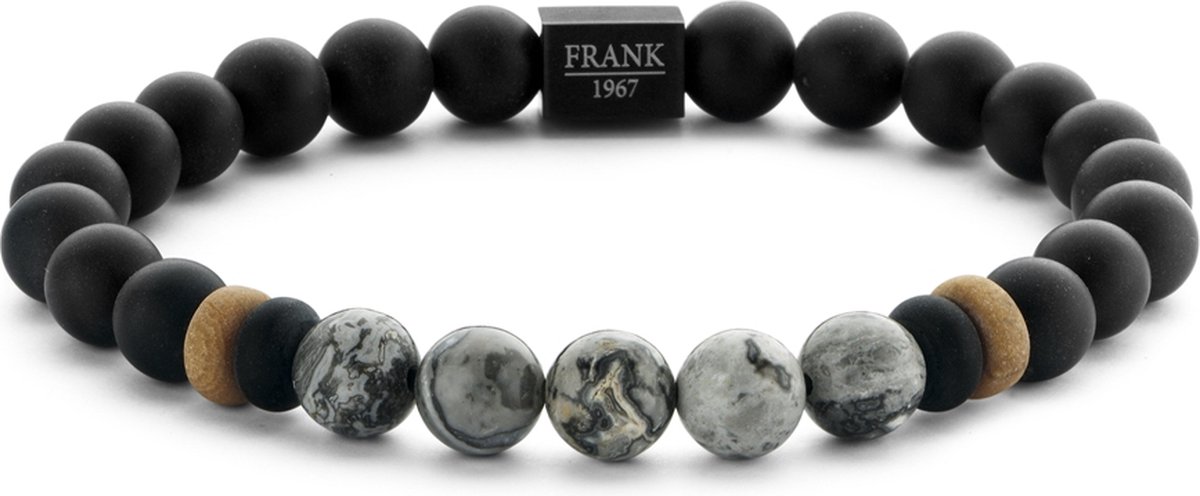 FRANK 1967 7FB-0244 - Kralenarmband - Heren - Zwart Agaat - Grijs Jasper - 21cm - 8mm - Zwart