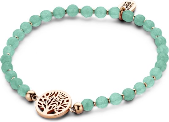 CO88 Collection Beloved 8CB 90224 Bracelet extensible avec éléments en acier - Arbre de vie Ø 12 mm - Natuursteen de jade 4 mm - Taille unique - Vert menthe / Couleur rosé