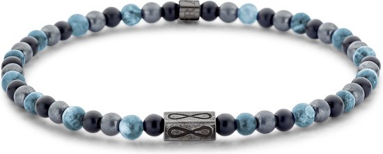 Blauwe, grijze en zwarte kralenarmband met infinity symbool.