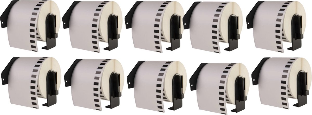 Label Tape Geschikt voor Brother DK-22205 | 62 mm x 30,48 m | Zwart op wit - Inclusief Houder - 10 stuks - Geschikt voor: QL-500 QL-550 QL-560 QL-570 QL-580N QL-650TD QL-1050N QL-1060N QL-700 QL-710W QL-720NW QL-800 QL-810W QL-820NW TD-2130N QL-600