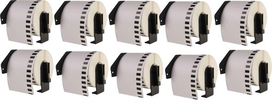 Tien rollen wit labeltape met zwarte perforaties op zwarte houders.