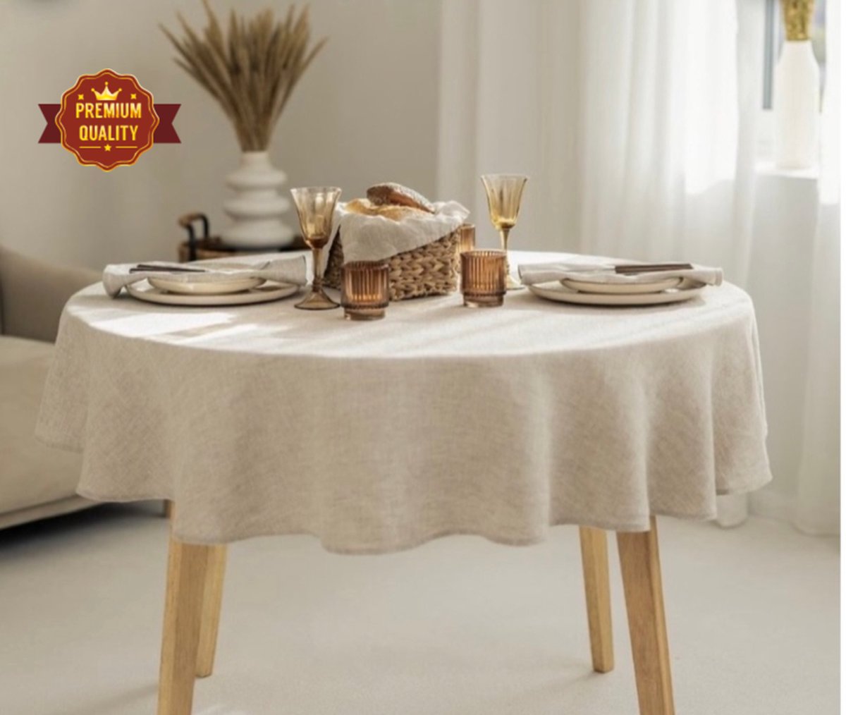 Twenty Two™ Tafelkleed beige rond 140cm - tafelkleed met linnenlook elegante textuur - gemakkelijk afwasbaar, waterafstotend, krasbestendig - gemaakt van hoogwaardig polyesterweefsel - veelzijdig inzetbaar voor indoor/outdoor