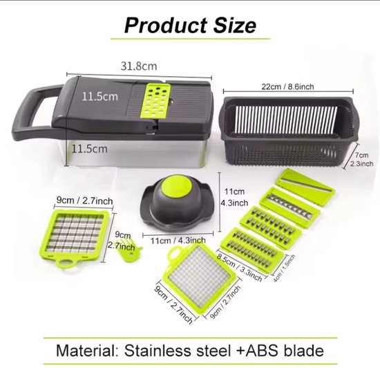 PolkaHome Coupe-légumes 13 en 1, avec 7 lames interchangeables, Hachoir à légumes pour pommes de terre, carottes et oignons