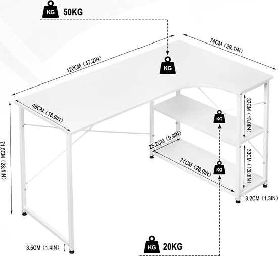 sogesfurniture Hoekbureau, grote computertafel in L vorm, 136 x 130 cm, pc tafel, hoekcombinatie, bureautafel, werktafel met 2 planken, wit BHEU XTD SC01 WW sogesfurniture Hoekbureau, grote computertafel in L vorm, 136 x 130 cm, pc tafel, hoekcombinatie, bureautafel, werktafel met 2 planken, wit BHEU XTD SC01 WW