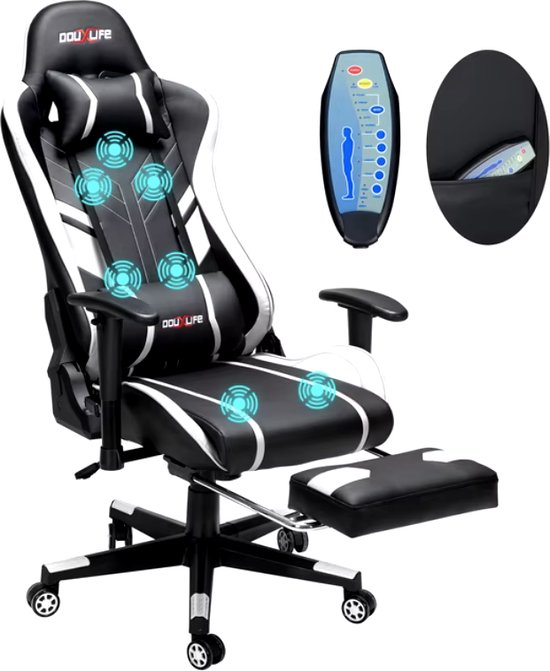 Gaming Stoel - Massage - Ergonomisch - Hoge Rug Ontwerp - Ontspannen - Aangepaste Pu Massage - Computer - Bureaustoelen - Wit - Max 150kg - Verstelbaar