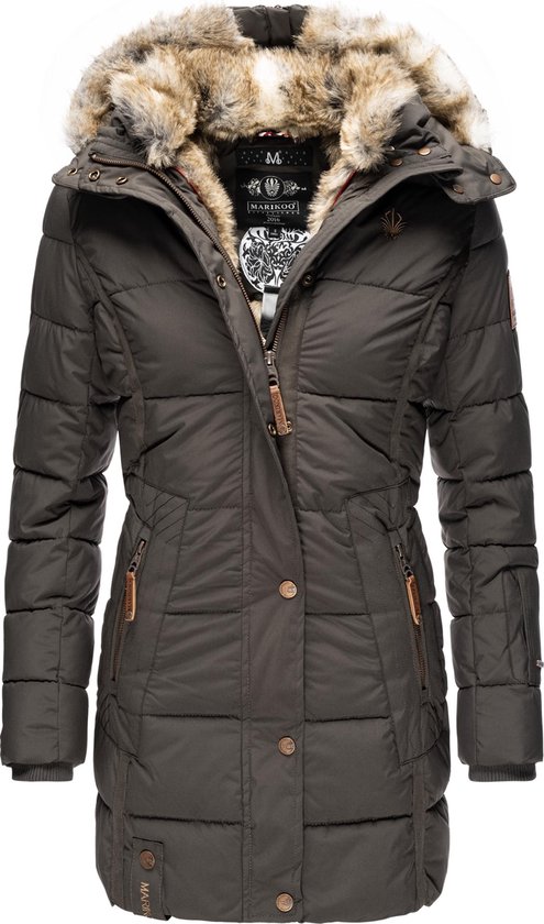 Veste d'hiver pour femme, vert olive, avec capuche en fausse fourrure, fermée, vue de face, modèle.