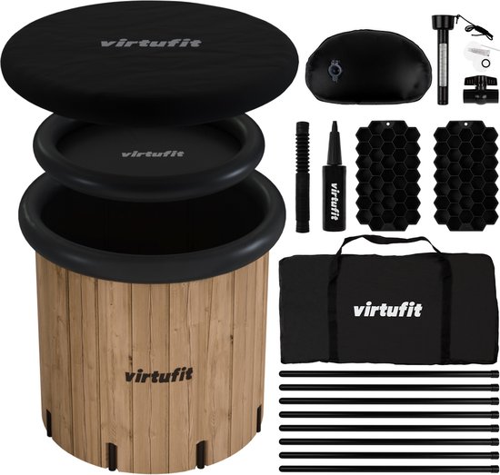 VirtuFit IJsbad XXL met Hoes - 375 Liter - Wood Look - Inclusief accessoires - Zitbad - Ice Bath - IJsbad Opblaasbaar - Dompelbad - Opvouwbaar IJs Bad - IJsbaden