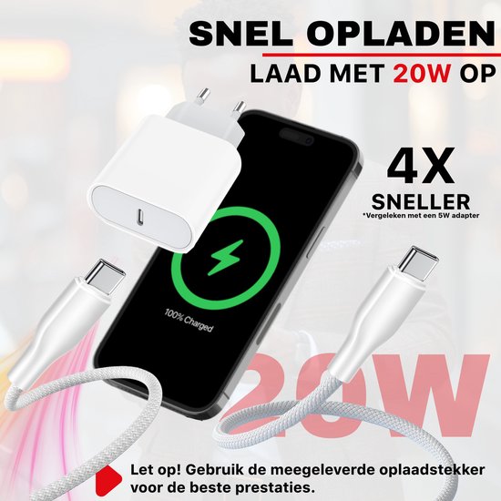 Snel opladen met 20W op, 4x sneller. Witte snellader en kabel naast een smartphone met 100% lading.