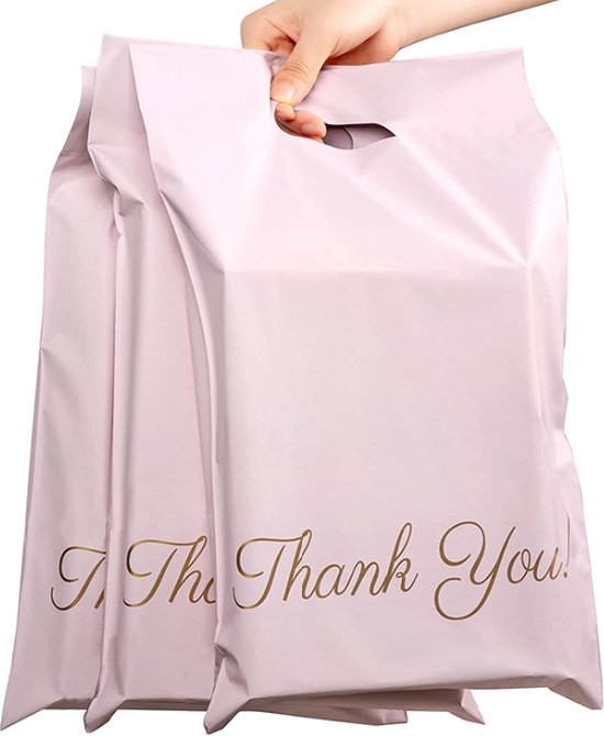 50 x Kleurrijke polyethyleen verzendzakken met handvat "Thank you" roos formaat A3 – 31 x 42 + 7cm - kunststof / Webshopzakken voor kleine bedrijven en kleding / Plastic Envelop / Verzendenveloppen / Koerierszakken / Poly Mailer