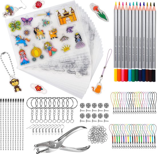 ASTARON Set plastic krimpfolie, 181-delig, bevat 20 krimpfolie kunstpapier en 161 knutselbenodigdheden voor het maken van Shrinkles sleutelhangers voor kinderen