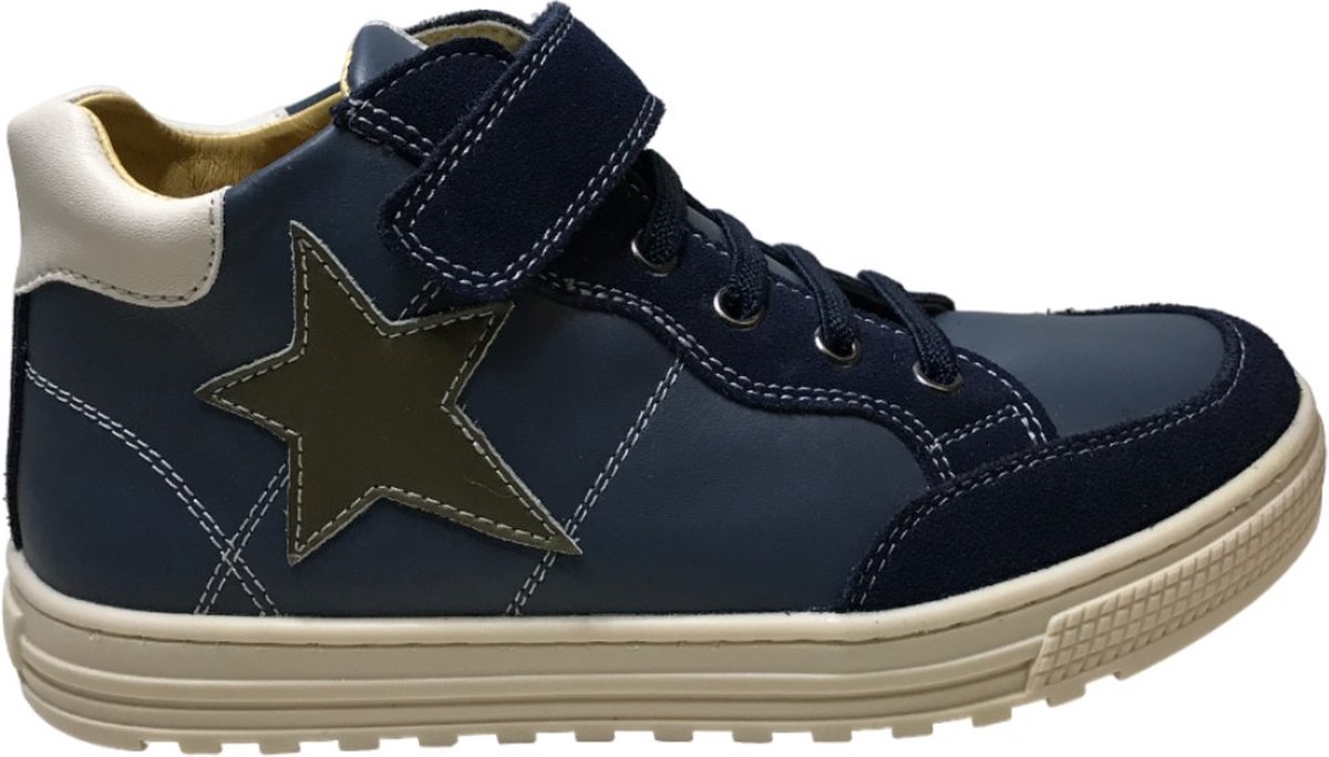 Naturino - Penshaw - Mt 31 - velcro elastiek groene ster hoge lederen sneakers - blauw/navy/wit