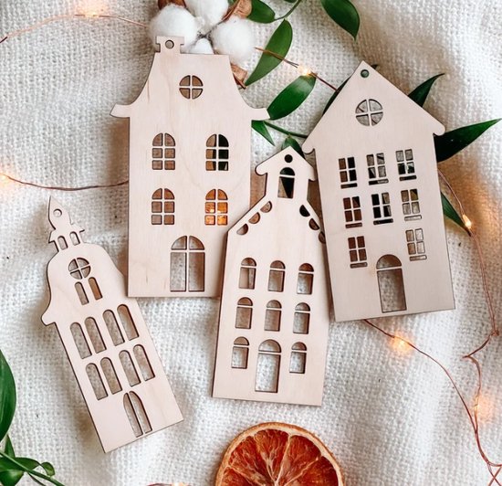 Houten Mini Huizen, Set van 5 Houten Huis Vormen,kerst huizen, DIY Huis Blank, DIY Huis Decoratie, kerst decoratie Hout Craft Supplies/ amsterdamse huizen/ suvenier/houten huisjes/ kerst huisjes/ christmas houses hangers/ kersthuizen hangers van Merkloos — afbeelding 2