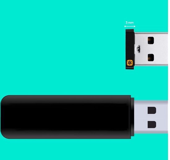 Illustratie van de Logitech Unifying USB-ontvanger, die 3 mm uitsteekt, naast een zwarte dongle.