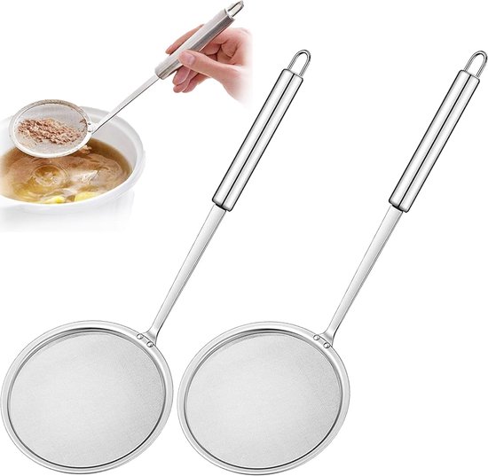 Schuimspaan - 2 Stuks - Frituurspaan - Frituurschep - Voedsel Zeef - Chuimlepel - Vergietlepel - Aardappels/Groente/Pasta Afgieten - Kookbenodigdheden - Kitchen Tools - Schuimlepel - Zeef - Vergiet - Ophangbaar - Met Handvat - ø10 cm - RVS - Zilver