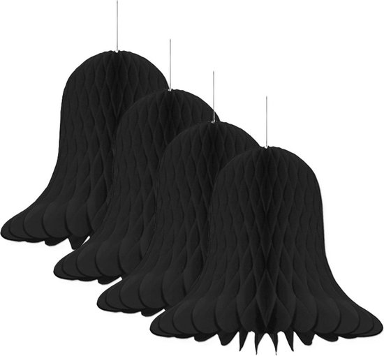 Kerstklok lampion - 4x - zwart - 20 cm - papier - kerstversiering - kerstbel decoratie - brandvertragend