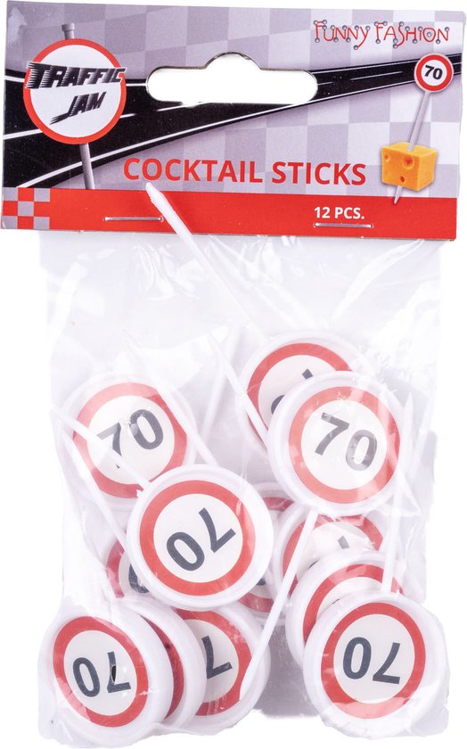 Emballage de 12 pics à cocktail avec des panneaux de signalisation rouges et blancs portant le chiffre 70.