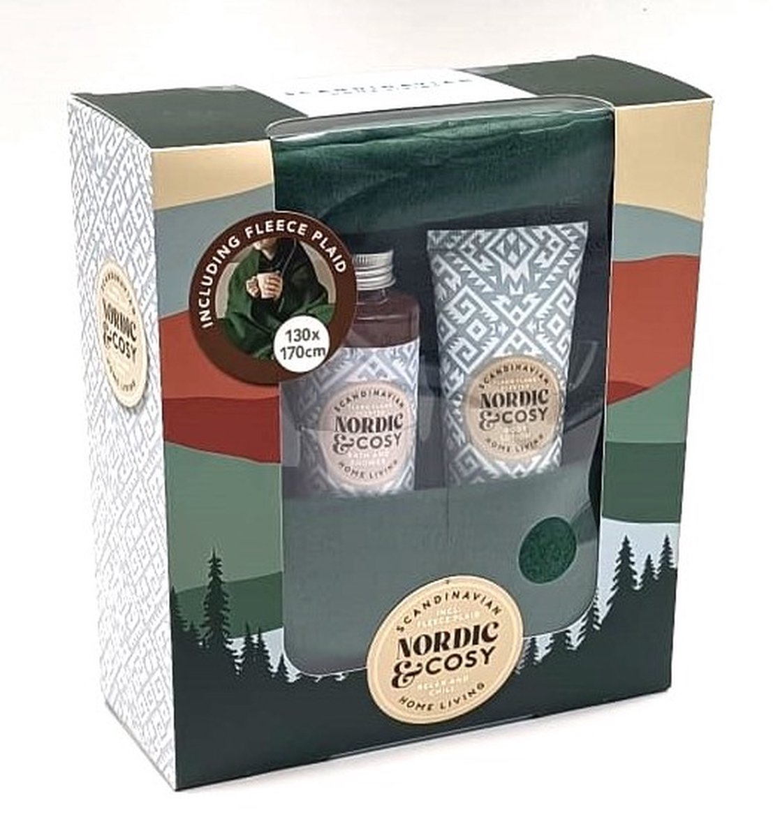 Scandinavian Home Living - Nordic & Cosy Giftset - Bad/Douchegel - Bodylotion - Ylang Ylang Scented - incl. Fleece Plaid 130x170 cm Groen