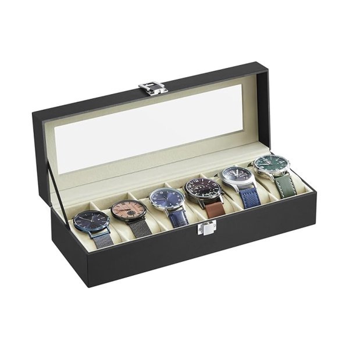 Bekijk doos met 6 slots, horloge met glazen deksel, horloge -displaybox met verwijderbare horlogekussens, metalen gesp, cadeau -idee, zwart synthetisch leer, groenachtig beige voering