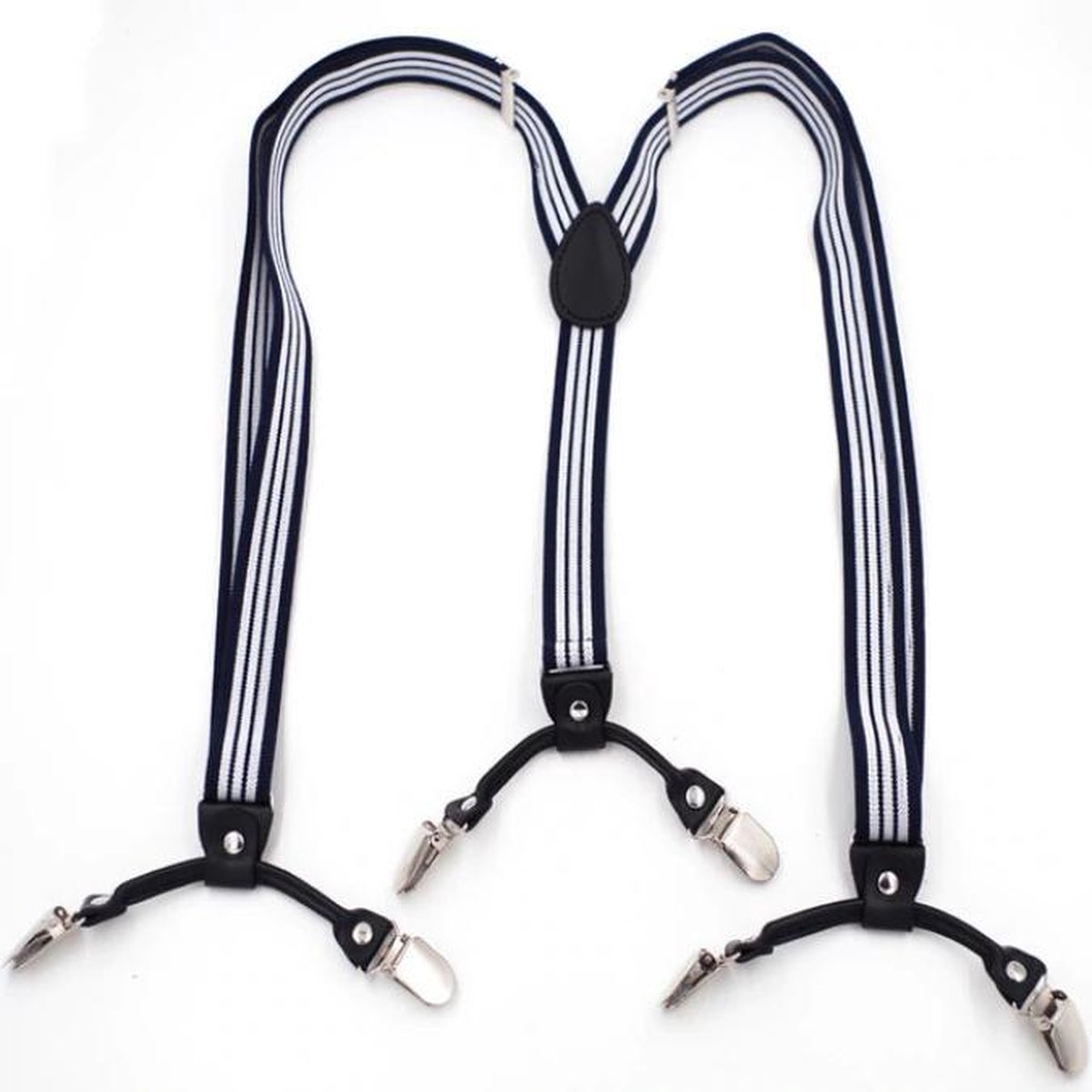 Bretels Heren - 6 Stevige Clips - Blauw/Wit 3 streeps - Zwart Leer - 2.5 cm