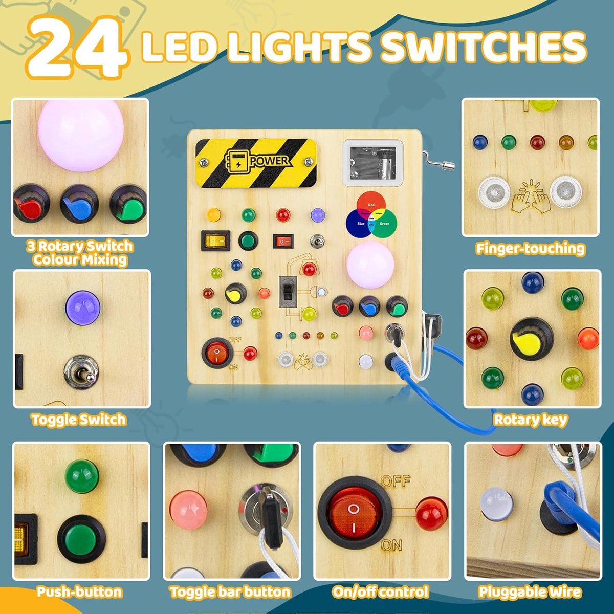 Montessori Busy Board - Activity Board Vanaf 1 Jaar - Montessori Houten Speelgoed Met 8 Ledlichtschakelaars Sensorisch Educatief Speelgoed Voor Babys En Peuters Vanaf 1 2 3 4 Jaar