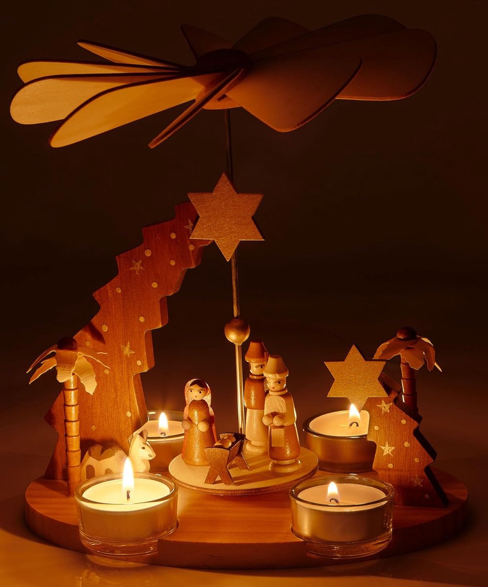 Pyramides De Noël BRUBAKER - Lot De 2 (anges & Nativité) - Bois Naturel, Détails Peints Main - 8x11.5cm - Décoration Table