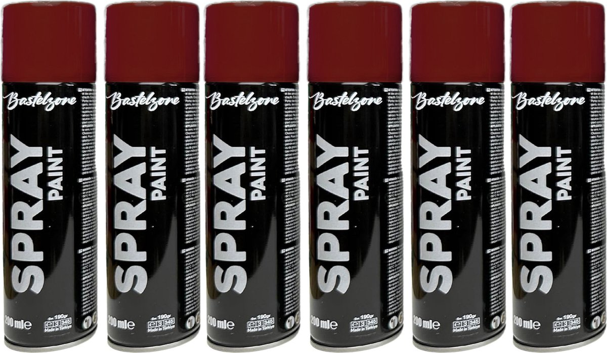 Spuitverf set 6 x 200 ml - wijnrood. Sneldrogende graffiti-spuitbussen voor hout, steen, metaal, glas. wijnrood(RAL 3004)