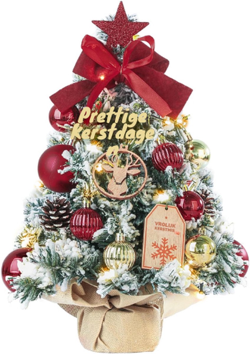 Mini-Kerstboom Kleine Kerstboom met Verlichting - LED-Tafel Kerstboom - Klein Kunstmatig Versierd - Voor Kerstdecoratie (40 cm, Rood met Goud)